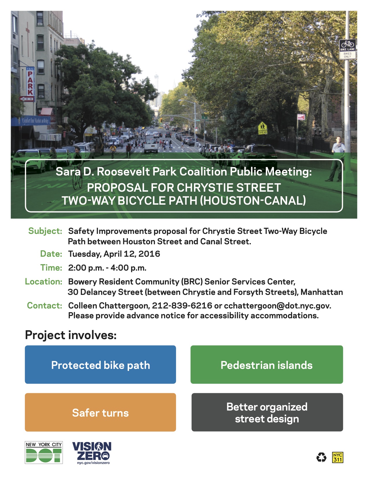 Flyer for SDR Coalition Meeting on Chrystie Street Bike Lane